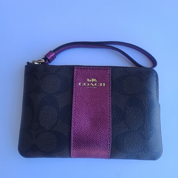 Coach Corner Zip Wristlet in Signature Canvas BROWN/ PURPLE MULTI - Picture 2 of 5